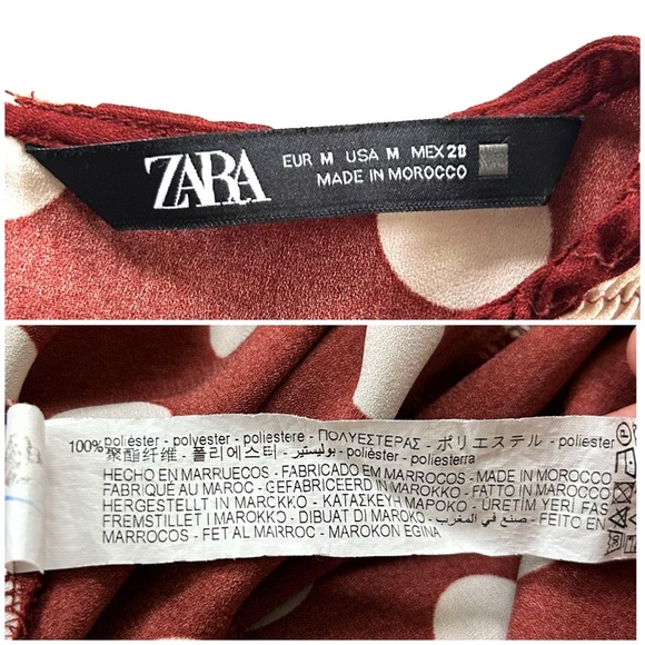 Zara Burgundy Rust Brown & White Polka Dot Smocked Blouson Sleeve Maxi Dress - Picture 7 of 8